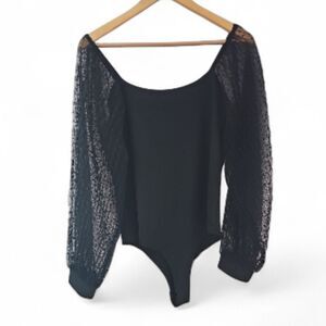 Sheer Polka Dot Sleeve Black Bodysuit Women’s XL Mesh Party Top Chic Cocktail
